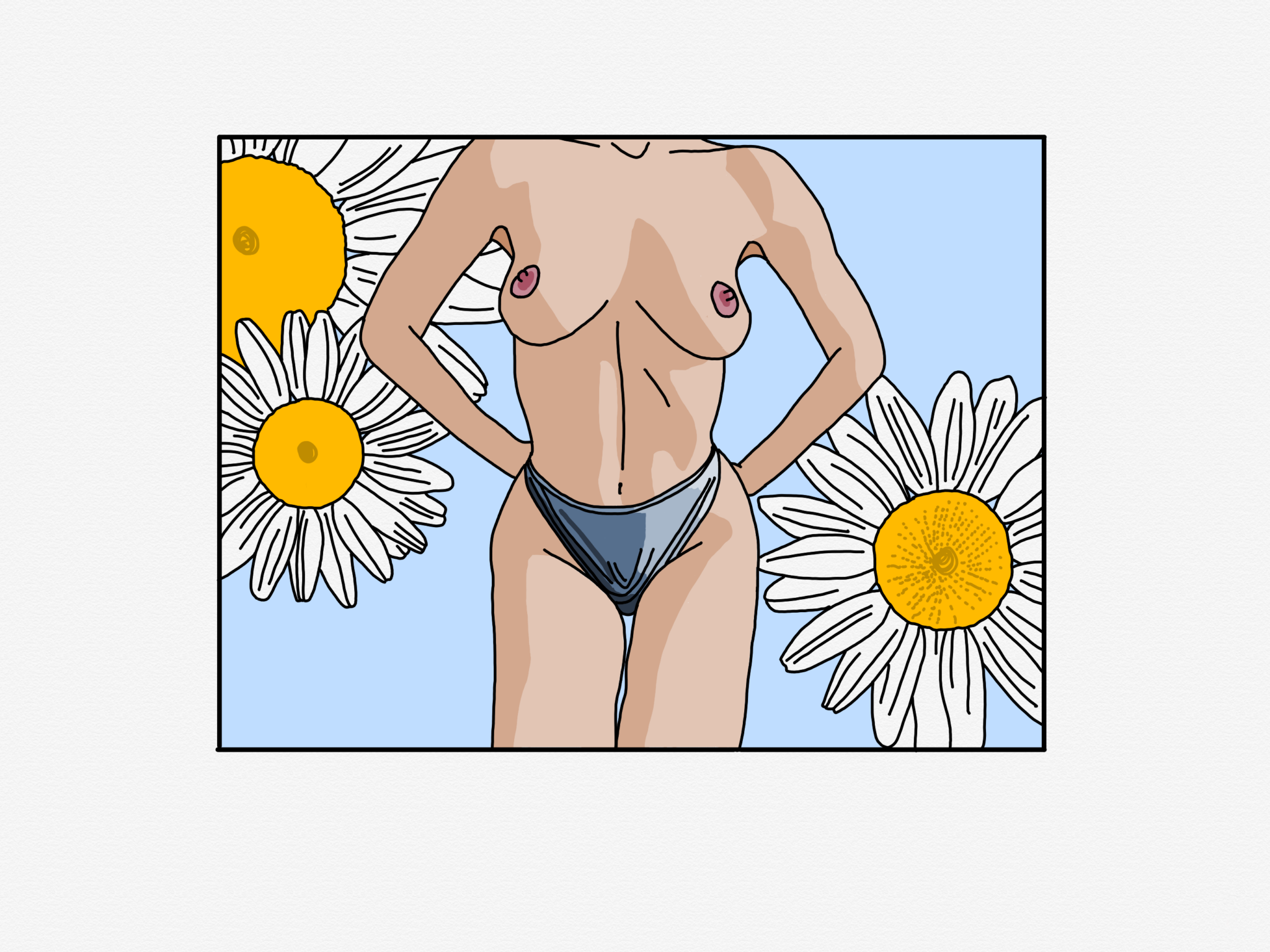 Flat digital torso with daisies on a sky-blue field